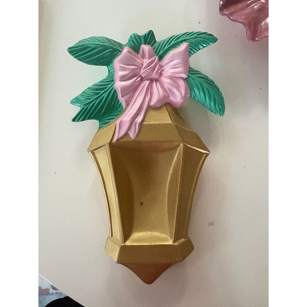 Vintage Wall Pocket Gold Lantern Pink Bow Green Leaves Retro Cottage Decor